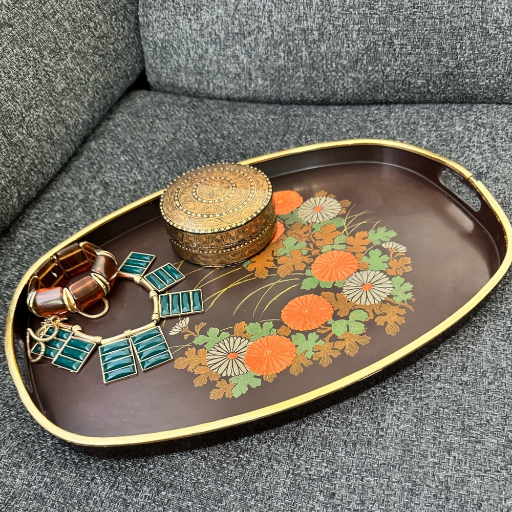 Beautiful vintage Japanese Decorative Brown and Orange Floral Tray